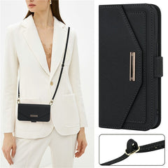 For iPhone 15 Pro Max Stand Case Cross Texture PU Leather Wallet Phone Cover with Shoulder Strap / Makeup Mirror - TechGearPal