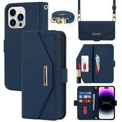 For iPhone 15 Pro Max Stand Case Cross Texture PU Leather Wallet Phone Cover with Shoulder Strap / Makeup Mirror - TechGearPal