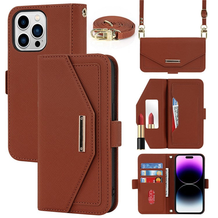For iPhone 15 Pro Max Stand Case Cross Texture PU Leather Wallet Phone Cover with Shoulder Strap / Makeup Mirror - TechGearPal