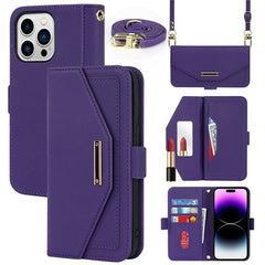 For iPhone 15 Pro Max Stand Case Cross Texture PU Leather Wallet Phone Cover with Shoulder Strap / Makeup Mirror - TechGearPal