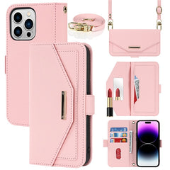 For iPhone 15 Pro Max Stand Case Cross Texture PU Leather Wallet Phone Cover with Shoulder Strap / Makeup Mirror - TechGearPal
