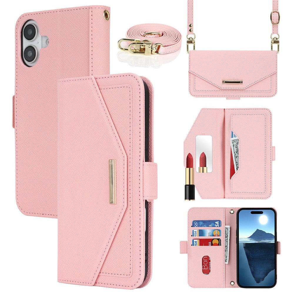 For iPhone 16 Stand Case Cross Texture PU Leather Wallet Phone Cover with Shoulder Strap / Makeup Mirror