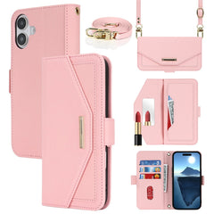 For iPhone 16 Stand Case Cross Texture PU Leather Wallet Phone Cover with Shoulder Strap / Makeup Mirror