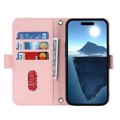 For iPhone 16 Stand Case Cross Texture PU Leather Wallet Phone Cover with Shoulder Strap / Makeup Mirror