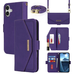 For iPhone 16 Stand Case Cross Texture PU Leather Wallet Phone Cover with Shoulder Strap / Makeup Mirror