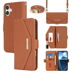 For iPhone 16 Stand Case Cross Texture PU Leather Wallet Phone Cover with Shoulder Strap / Makeup Mirror