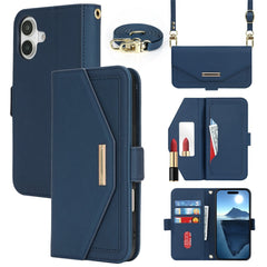 For iPhone 16 Stand Case Cross Texture PU Leather Wallet Phone Cover with Shoulder Strap / Makeup Mirror