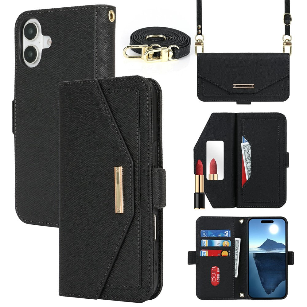 For iPhone 16 Stand Case Cross Texture PU Leather Wallet Phone Cover with Shoulder Strap / Makeup Mirror