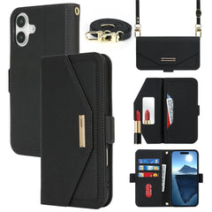 For iPhone 16 Stand Case Cross Texture PU Leather Wallet Phone Cover with Shoulder Strap / Makeup Mirror