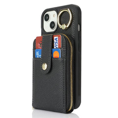 For iPhone 14 / 13 Case with Zipper Pouch / Ring Kickstand / Strap Litchi Texture PU + TPU Phone Cover - TechGearPal