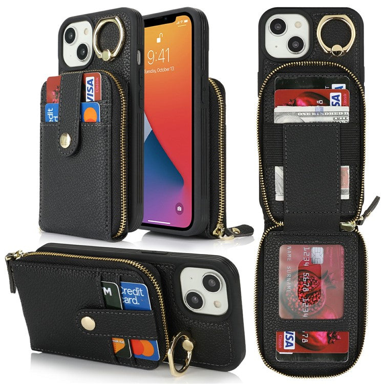 For iPhone 14 / 13 Case with Zipper Pouch / Ring Kickstand / Strap Litchi Texture PU + TPU Phone Cover - TechGearPal