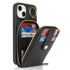 For iPhone 14 / 13 Case with Zipper Pouch / Ring Kickstand / Strap Litchi Texture PU + TPU Phone Cover - TechGearPal