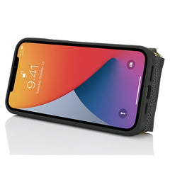 For iPhone 14 / 13 Case with Zipper Pouch / Ring Kickstand / Strap Litchi Texture PU + TPU Phone Cover - TechGearPal