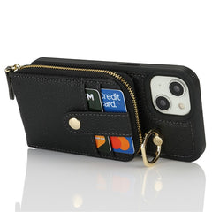 For iPhone 14 / 13 Case with Zipper Pouch / Ring Kickstand / Strap Litchi Texture PU + TPU Phone Cover - TechGearPal