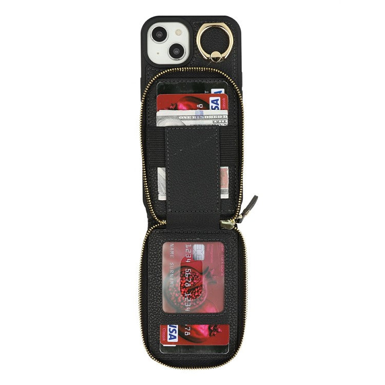 For iPhone 14 / 13 Case with Zipper Pouch / Ring Kickstand / Strap Litchi Texture PU + TPU Phone Cover - TechGearPal