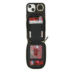 For iPhone 14 / 13 Case with Zipper Pouch / Ring Kickstand / Strap Litchi Texture PU + TPU Phone Cover - TechGearPal
