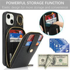 For iPhone 14 / 13 Case with Zipper Pouch / Ring Kickstand / Strap Litchi Texture PU + TPU Phone Cover - TechGearPal