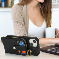 For iPhone 14 / 13 Case with Zipper Pouch / Ring Kickstand / Strap Litchi Texture PU + TPU Phone Cover - TechGearPal
