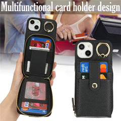 For iPhone 14 / 13 Case with Zipper Pouch / Ring Kickstand / Strap Litchi Texture PU + TPU Phone Cover - TechGearPal