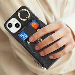 For iPhone 14 / 13 Case with Zipper Pouch / Ring Kickstand / Strap Litchi Texture PU + TPU Phone Cover - TechGearPal