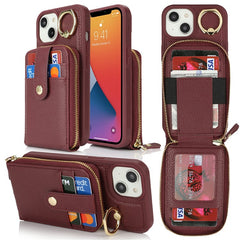 For iPhone 14 / 13 Case with Zipper Pouch / Ring Kickstand / Strap Litchi Texture PU + TPU Phone Cover - TechGearPal