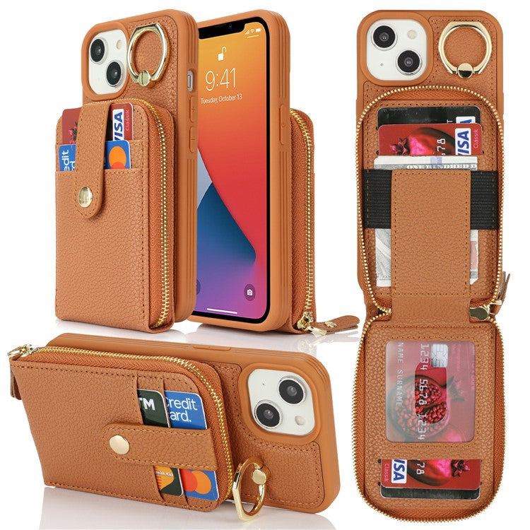 For iPhone 14 / 13 Case with Zipper Pouch / Ring Kickstand / Strap Litchi Texture PU + TPU Phone Cover - TechGearPal