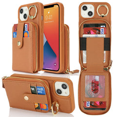 For iPhone 14 / 13 Case with Zipper Pouch / Ring Kickstand / Strap Litchi Texture PU + TPU Phone Cover - TechGearPal