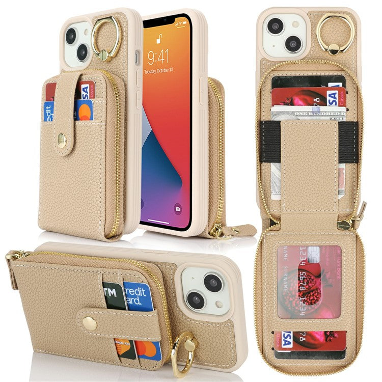 For iPhone 14 / 13 Case with Zipper Pouch / Ring Kickstand / Strap Litchi Texture PU + TPU Phone Cover - TechGearPal