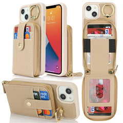 For iPhone 14 / 13 Case with Zipper Pouch / Ring Kickstand / Strap Litchi Texture PU + TPU Phone Cover - TechGearPal