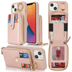 For iPhone 14 / 13 Case with Zipper Pouch / Ring Kickstand / Strap Litchi Texture PU + TPU Phone Cover - TechGearPal