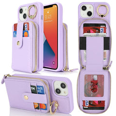 For iPhone 14 / 13 Case with Zipper Pouch / Ring Kickstand / Strap Litchi Texture PU + TPU Phone Cover - TechGearPal