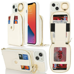 For iPhone 14 / 13 Case with Zipper Pouch / Ring Kickstand / Strap Litchi Texture PU + TPU Phone Cover - TechGearPal
