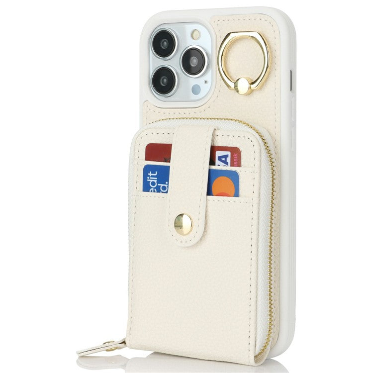For iPhone 13 Pro Max / 12 Pro Max Case with Zipper Pouch / Ring Kickstand / Strap Litchi Texture PU + TPU Phone Cover - TechGearPal