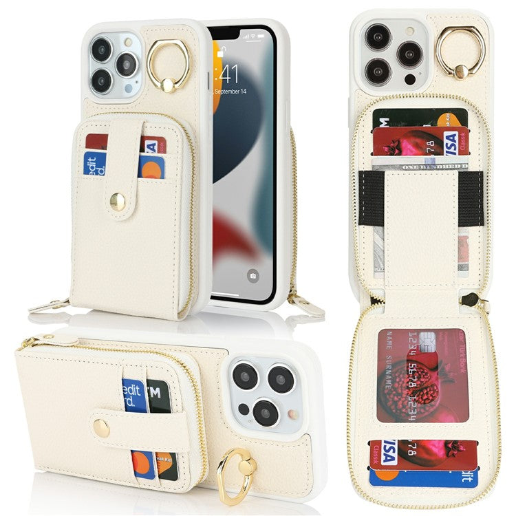 For iPhone 13 Pro Max / 12 Pro Max Case with Zipper Pouch / Ring Kickstand / Strap Litchi Texture PU + TPU Phone Cover - TechGearPal