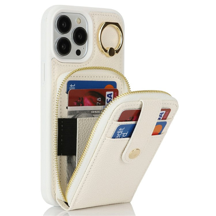 For iPhone 13 Pro Max / 12 Pro Max Case with Zipper Pouch / Ring Kickstand / Strap Litchi Texture PU + TPU Phone Cover - TechGearPal