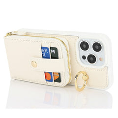 For iPhone 13 Pro Max / 12 Pro Max Case with Zipper Pouch / Ring Kickstand / Strap Litchi Texture PU + TPU Phone Cover - TechGearPal