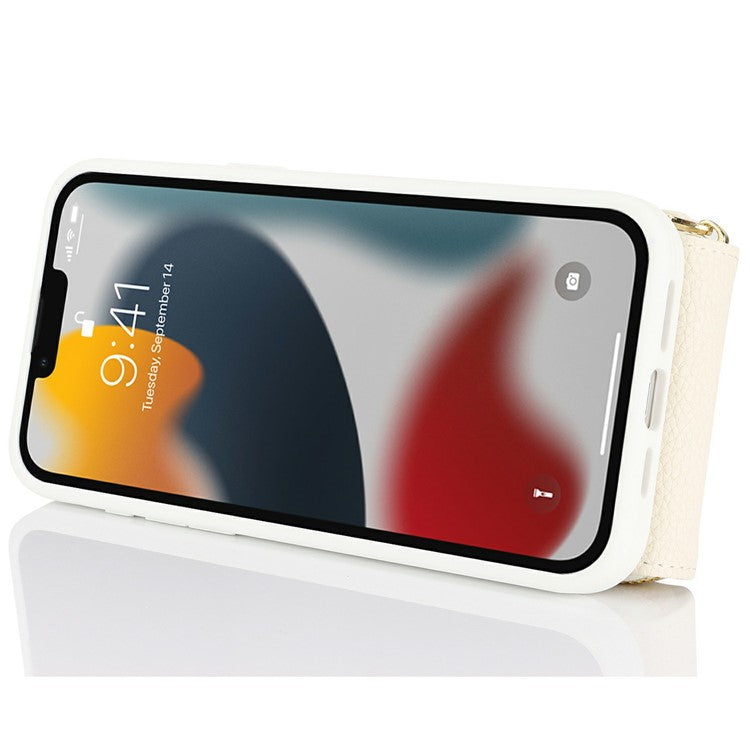 For iPhone 13 Pro Max / 12 Pro Max Case with Zipper Pouch / Ring Kickstand / Strap Litchi Texture PU + TPU Phone Cover - TechGearPal