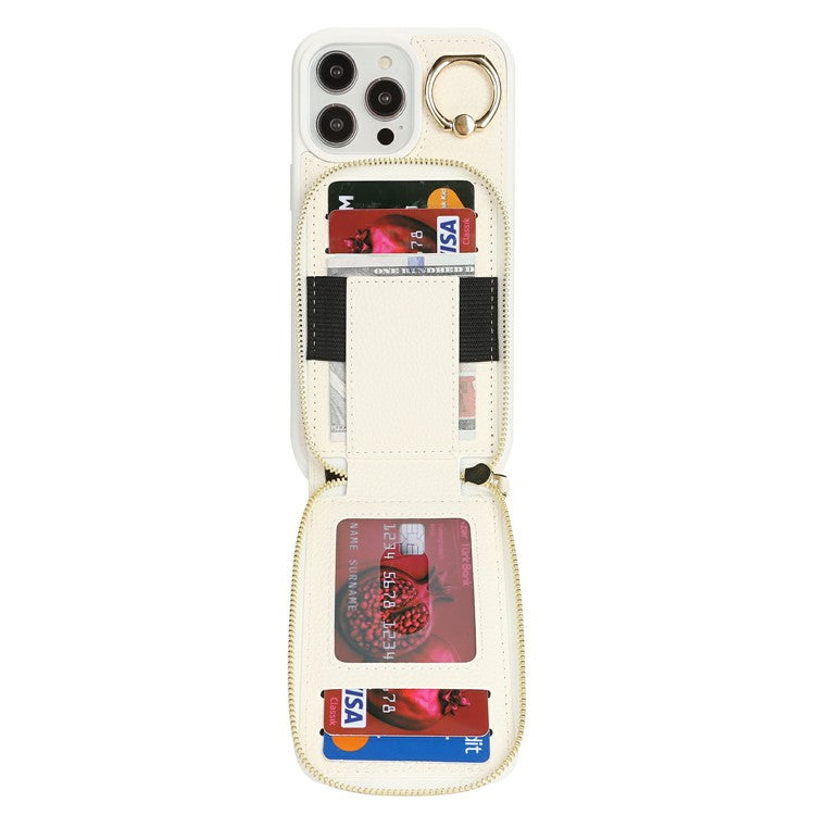 For iPhone 13 Pro Max / 12 Pro Max Case with Zipper Pouch / Ring Kickstand / Strap Litchi Texture PU + TPU Phone Cover - TechGearPal