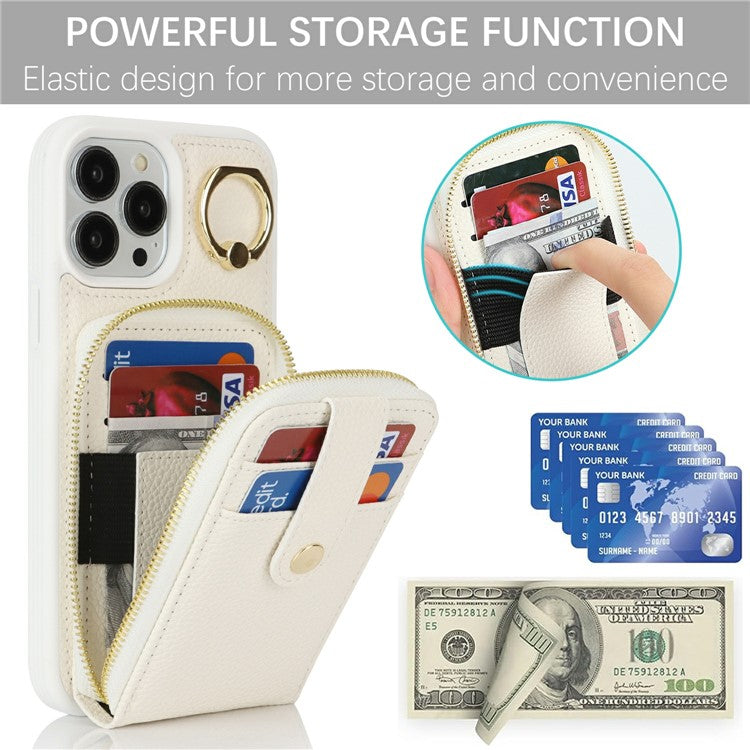 For iPhone 13 Pro Max / 12 Pro Max Case with Zipper Pouch / Ring Kickstand / Strap Litchi Texture PU + TPU Phone Cover - TechGearPal