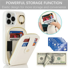 For iPhone 13 Pro Max / 12 Pro Max Case with Zipper Pouch / Ring Kickstand / Strap Litchi Texture PU + TPU Phone Cover - TechGearPal