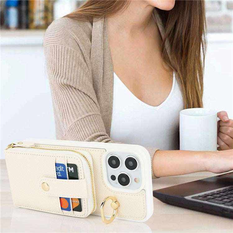 For iPhone 13 Pro Max / 12 Pro Max Case with Zipper Pouch / Ring Kickstand / Strap Litchi Texture PU + TPU Phone Cover - TechGearPal