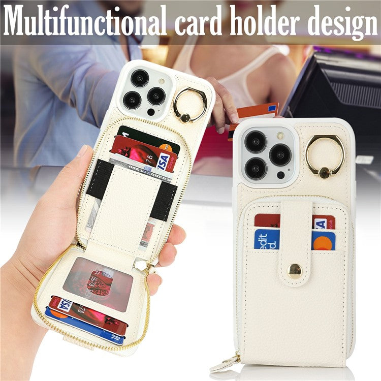 For iPhone 13 Pro Max / 12 Pro Max Case with Zipper Pouch / Ring Kickstand / Strap Litchi Texture PU + TPU Phone Cover - TechGearPal