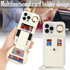 For iPhone 13 Pro Max / 12 Pro Max Case with Zipper Pouch / Ring Kickstand / Strap Litchi Texture PU + TPU Phone Cover - TechGearPal