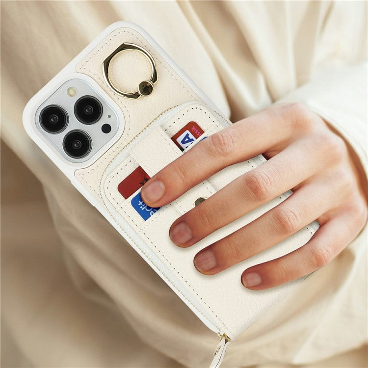 For iPhone 13 Pro Max / 12 Pro Max Case with Zipper Pouch / Ring Kickstand / Strap Litchi Texture PU + TPU Phone Cover - TechGearPal