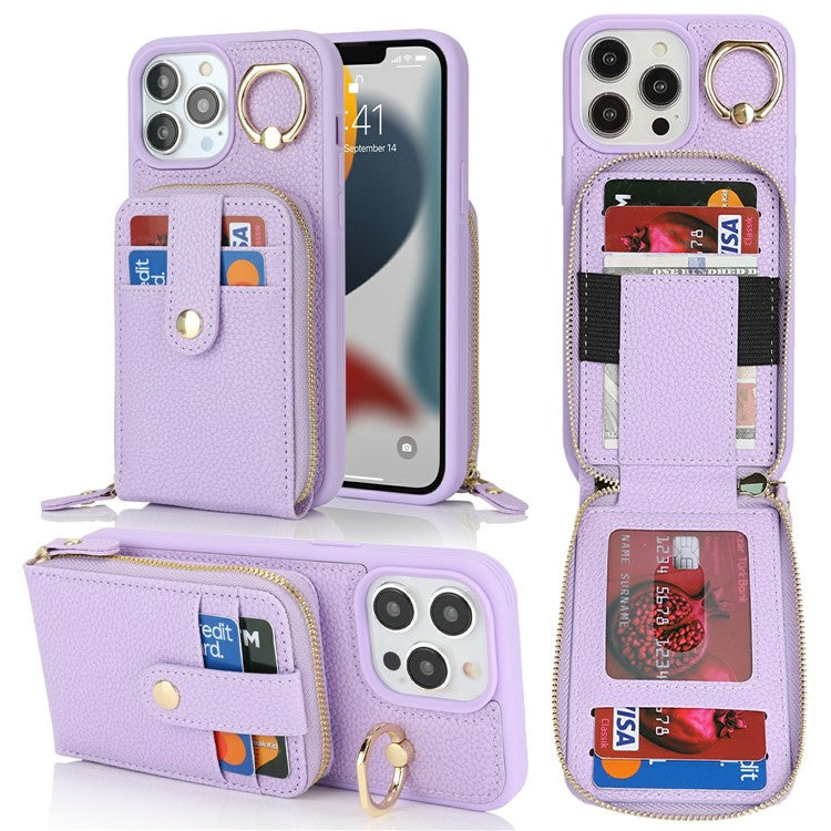 For iPhone 13 Pro Max / 12 Pro Max Case with Zipper Pouch / Ring Kickstand / Strap Litchi Texture PU + TPU Phone Cover - TechGearPal