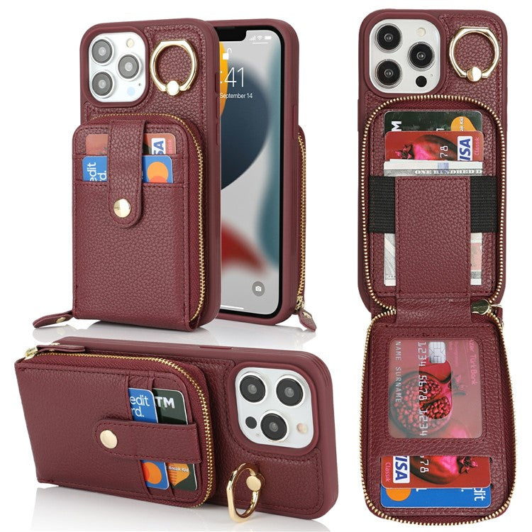 For iPhone 13 Pro Max / 12 Pro Max Case with Zipper Pouch / Ring Kickstand / Strap Litchi Texture PU + TPU Phone Cover - TechGearPal