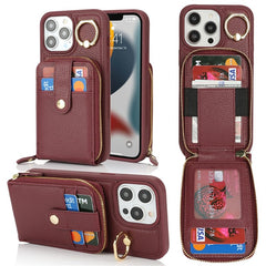 For iPhone 13 Pro Max / 12 Pro Max Case with Zipper Pouch / Ring Kickstand / Strap Litchi Texture PU + TPU Phone Cover - TechGearPal
