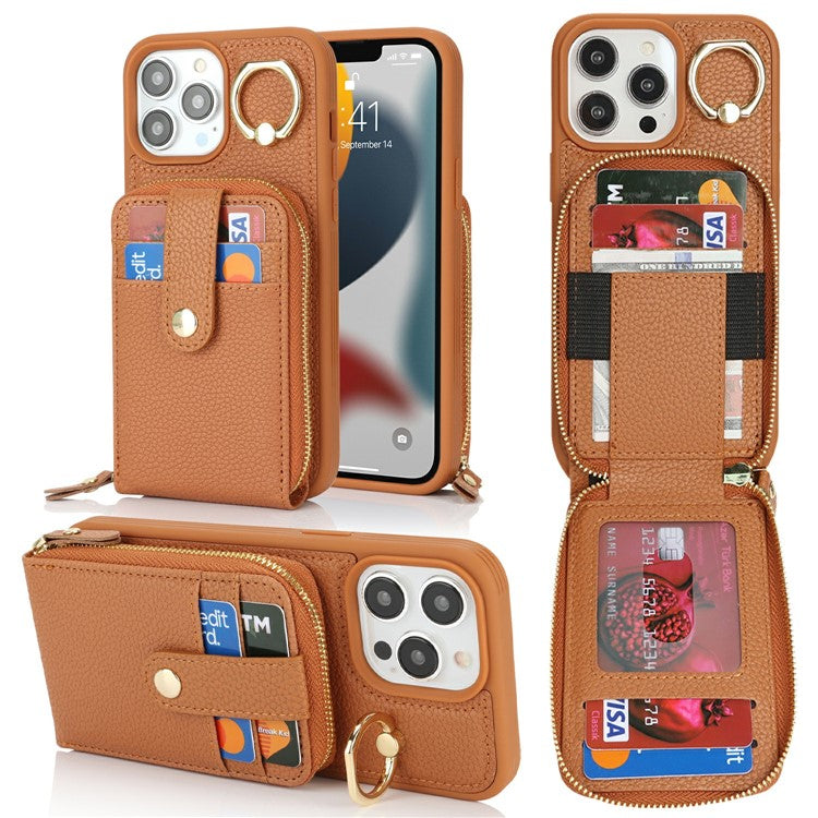 For iPhone 13 Pro Max / 12 Pro Max Case with Zipper Pouch / Ring Kickstand / Strap Litchi Texture PU + TPU Phone Cover - TechGearPal
