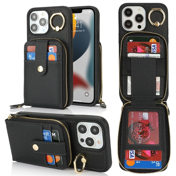 For iPhone 13 Pro Max / 12 Pro Max Case with Zipper Pouch / Ring Kickstand / Strap Litchi Texture PU + TPU Phone Cover - TechGearPal