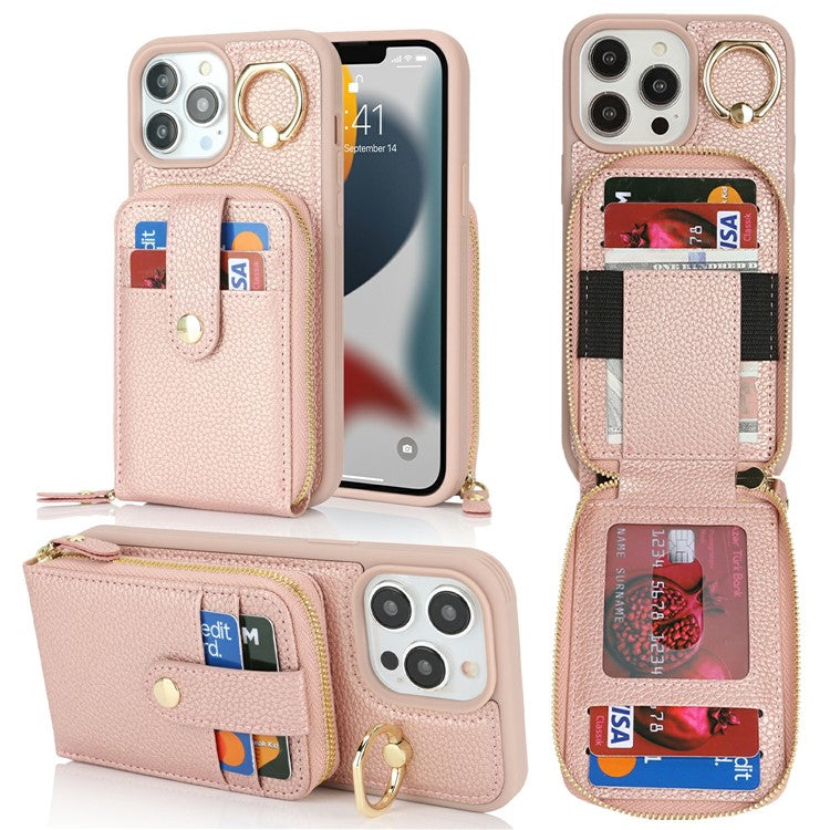 For iPhone 13 Pro Max / 12 Pro Max Case with Zipper Pouch / Ring Kickstand / Strap Litchi Texture PU + TPU Phone Cover - TechGearPal